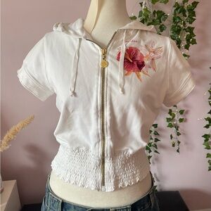 Y2K White Guess Floral Cropped Hooded Top